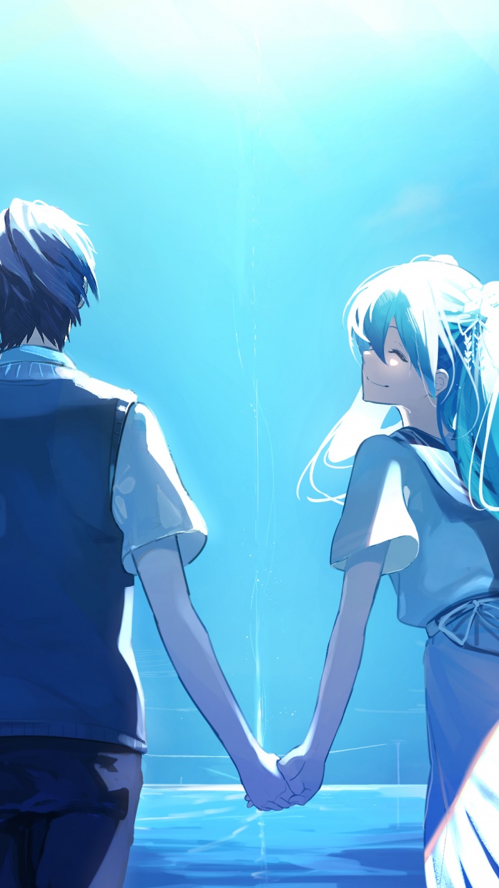 Обои аниме, Хацунэ Мику, длинные волосы, Счастлив, жест в разрешении 720x1280