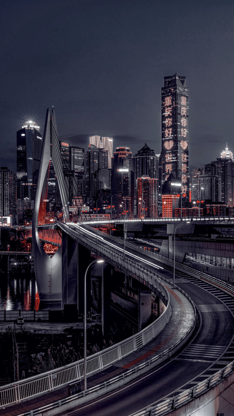 Обои город, иероглиф, мост, небоскреб, здание в разрешении 750x1334