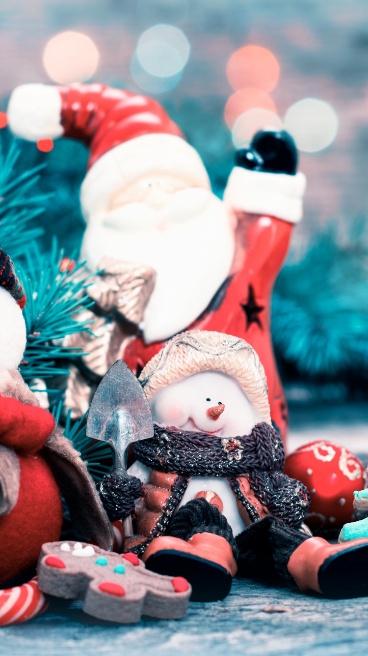 Обои Снеговик, Рождественский день, Санта-Клаус, Рождественские украшения, Рождество в разрешении 750x1334