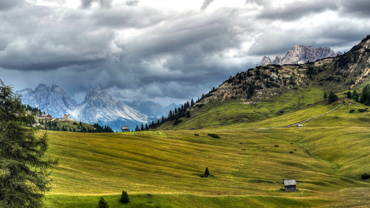 Обои сенокосное угодье, Альпы, Италия, гора, горный хребет в разрешении 1280x720