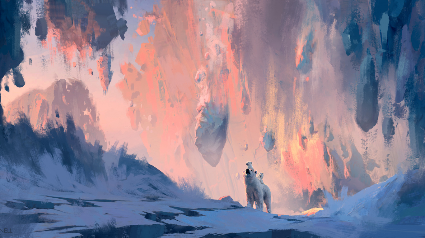 Обои белый медведь, арт, артист, акварельные краски, живопись в разрешении 1366x768