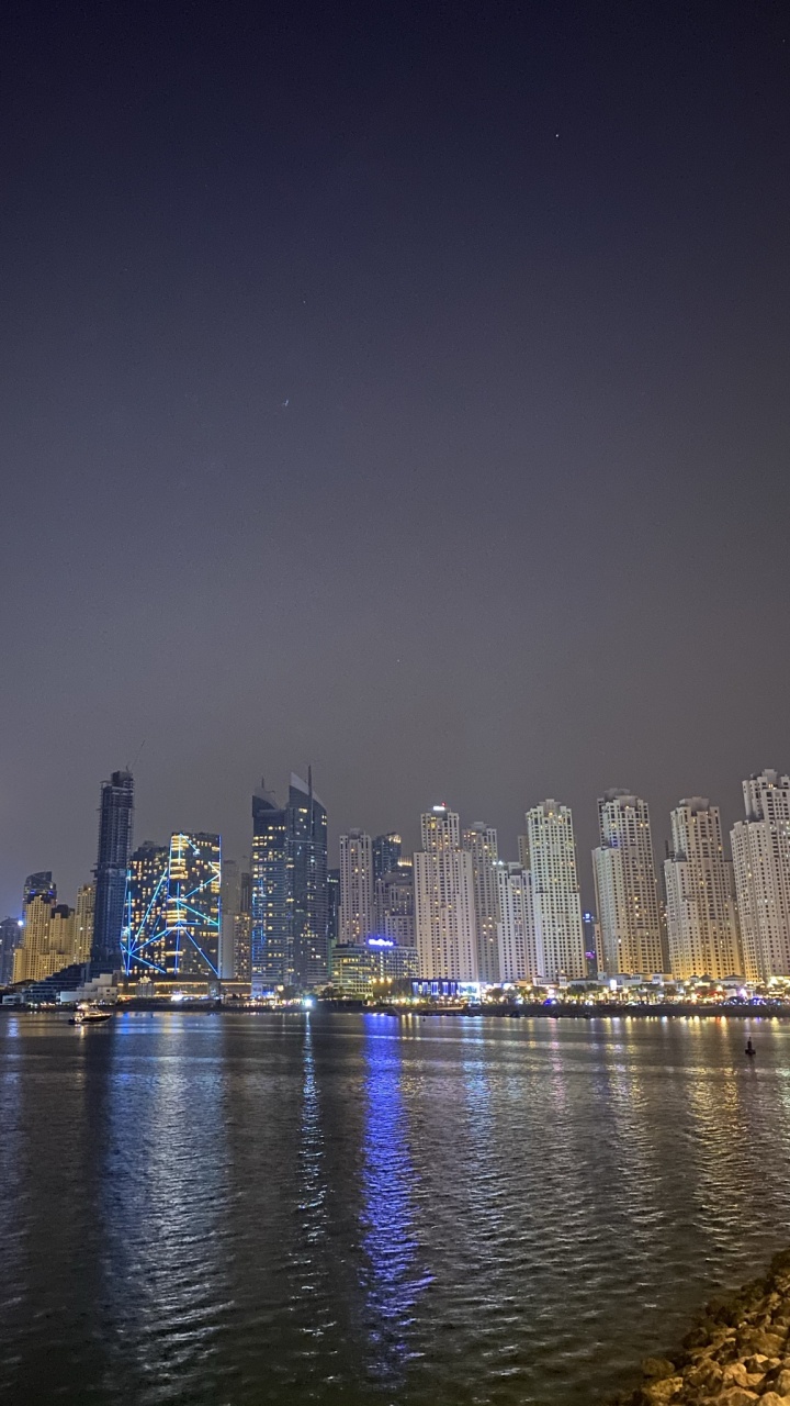 Обои Сингапур, городской пейзаж, небоскреб, вода, ночь в разрешении 720x1280