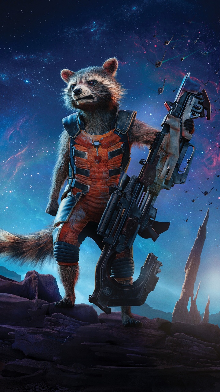 Обои Реактивный Енот, Грут, ракета, комиксы Марвел, мультфильм в разрешении 720x1280