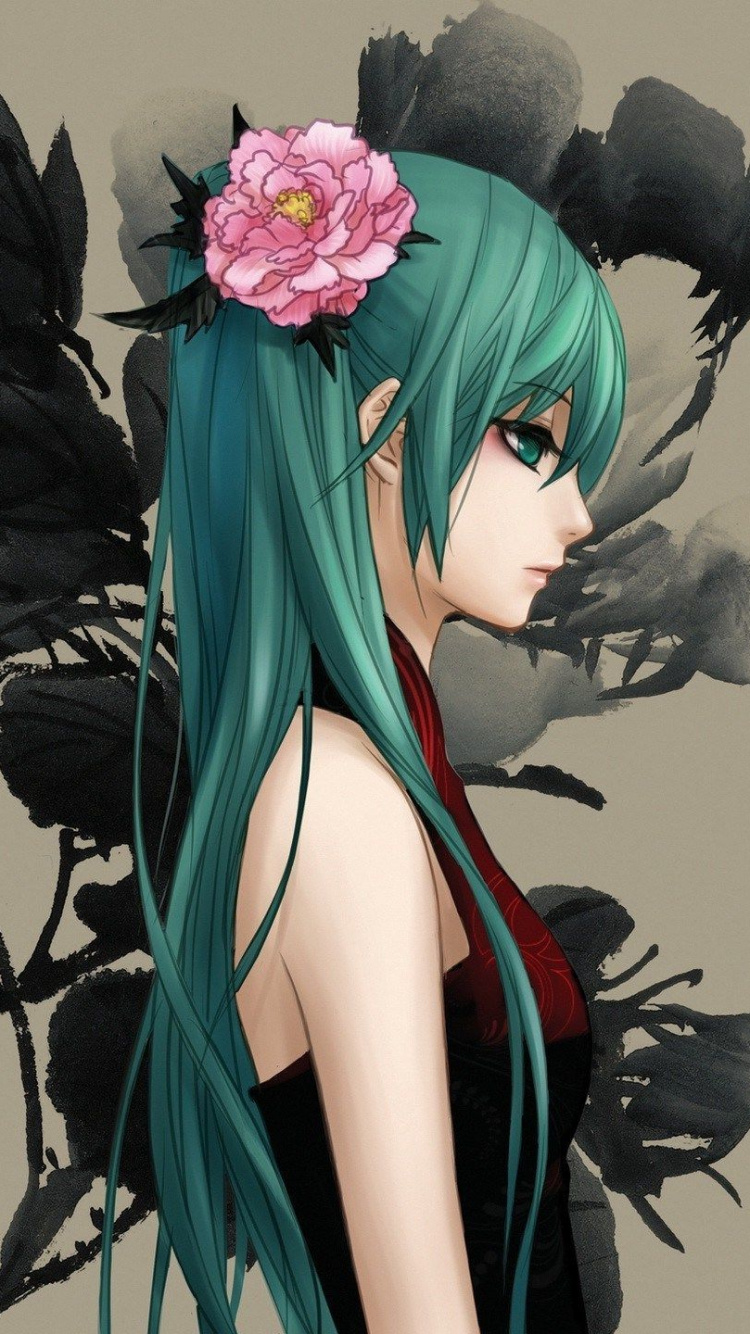 Обои Хацунэ Мику, вокалоид, аниме, песня, цветок в разрешении 750x1334