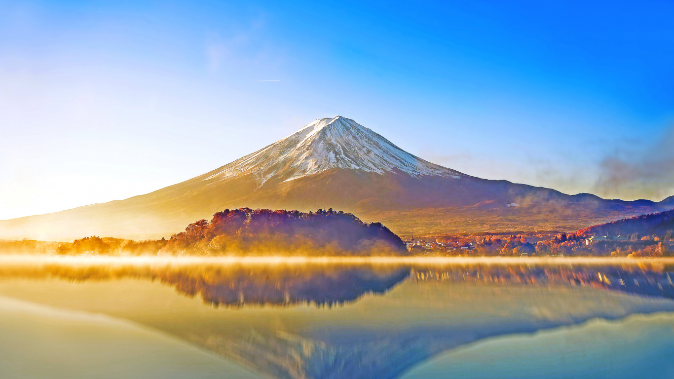Обои гора Фудзи, Озеро Кавагути, стратовулкан, гора, отражение в разрешении 1366x768