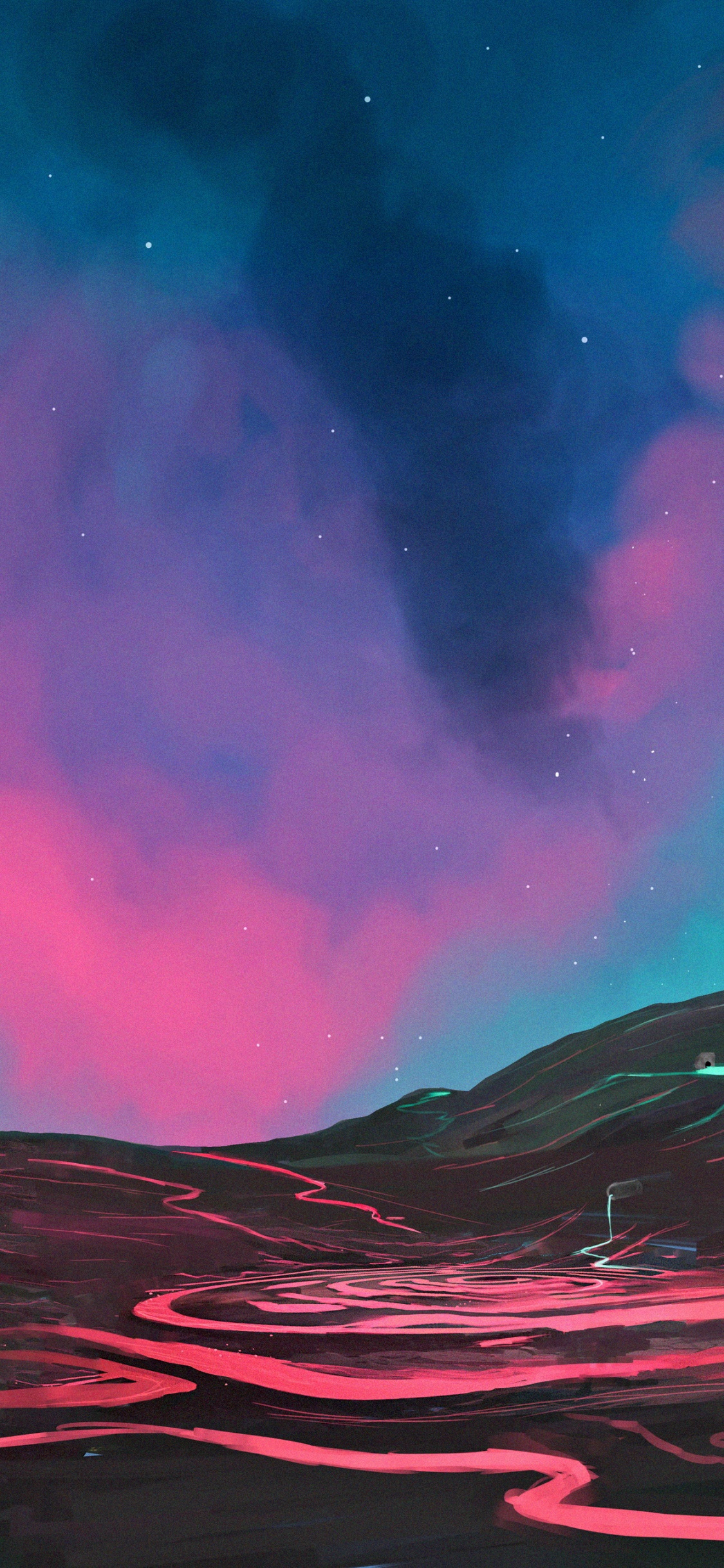 Обои ночь, пурпур, атмосфера, свет, графический дизайн в разрешении 1125x2436