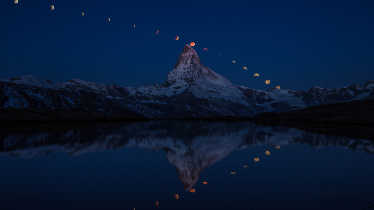 Обои отражение, природа, синий, гора, вода в разрешении 1280x720