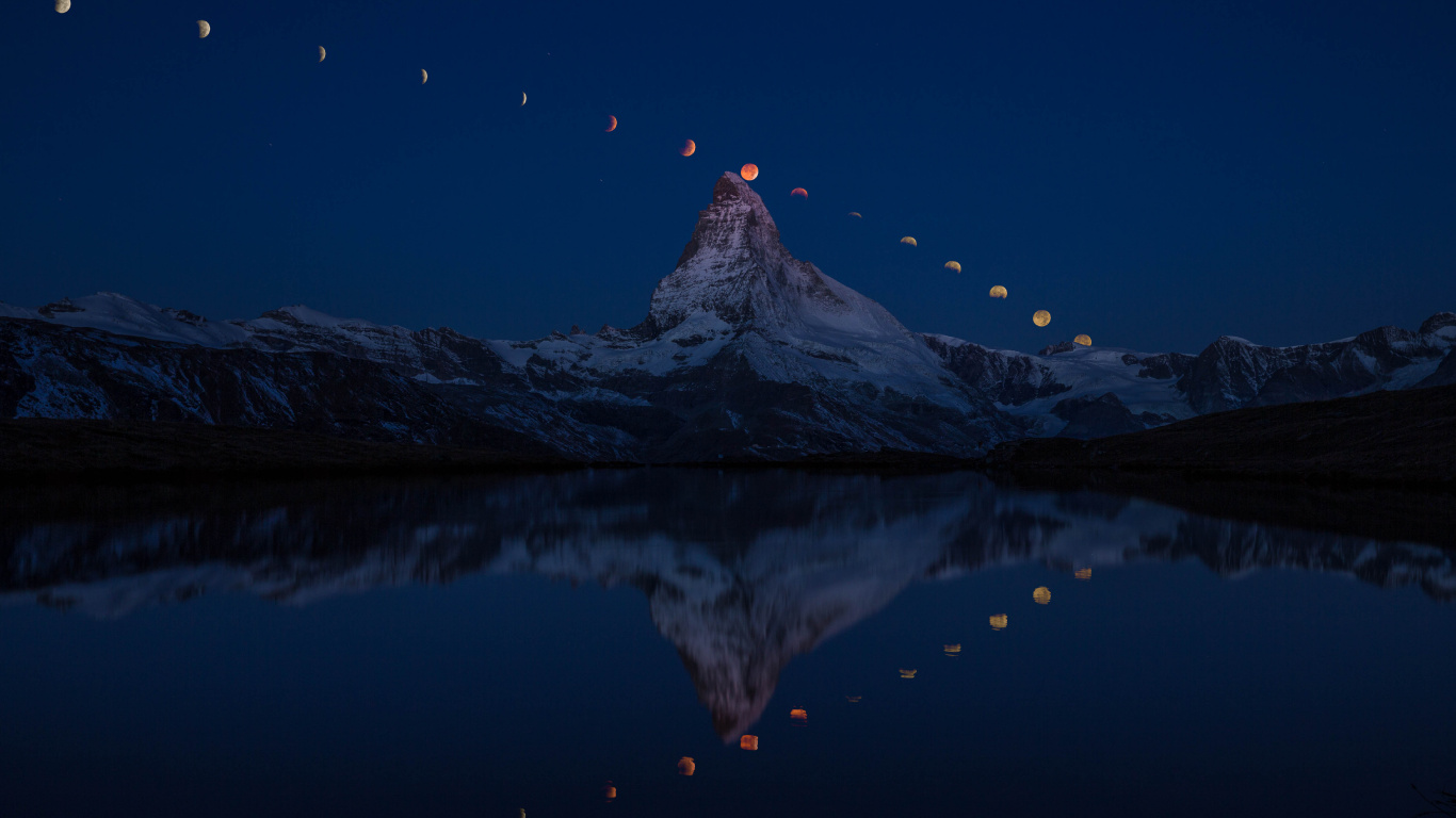 Обои отражение, природа, синий, гора, вода в разрешении 1366x768