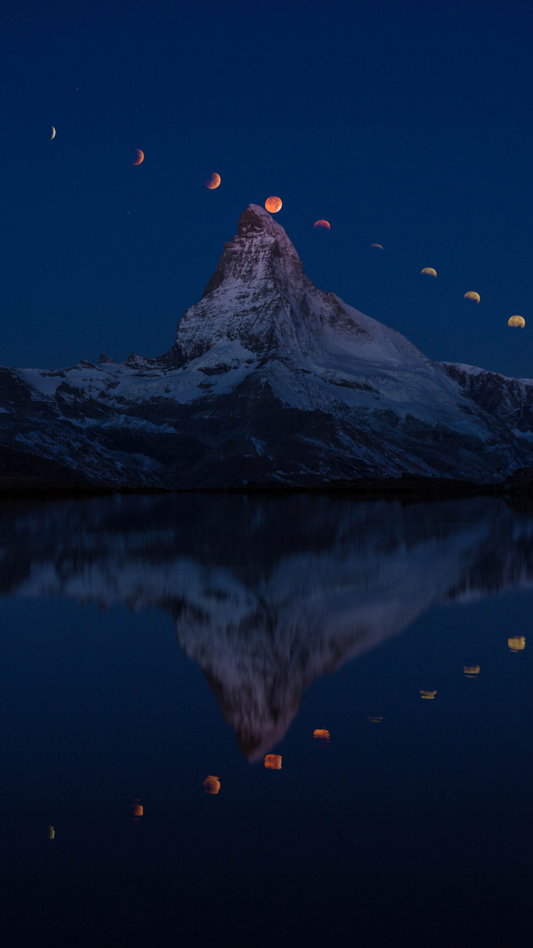 Обои отражение, природа, синий, гора, вода в разрешении 750x1334