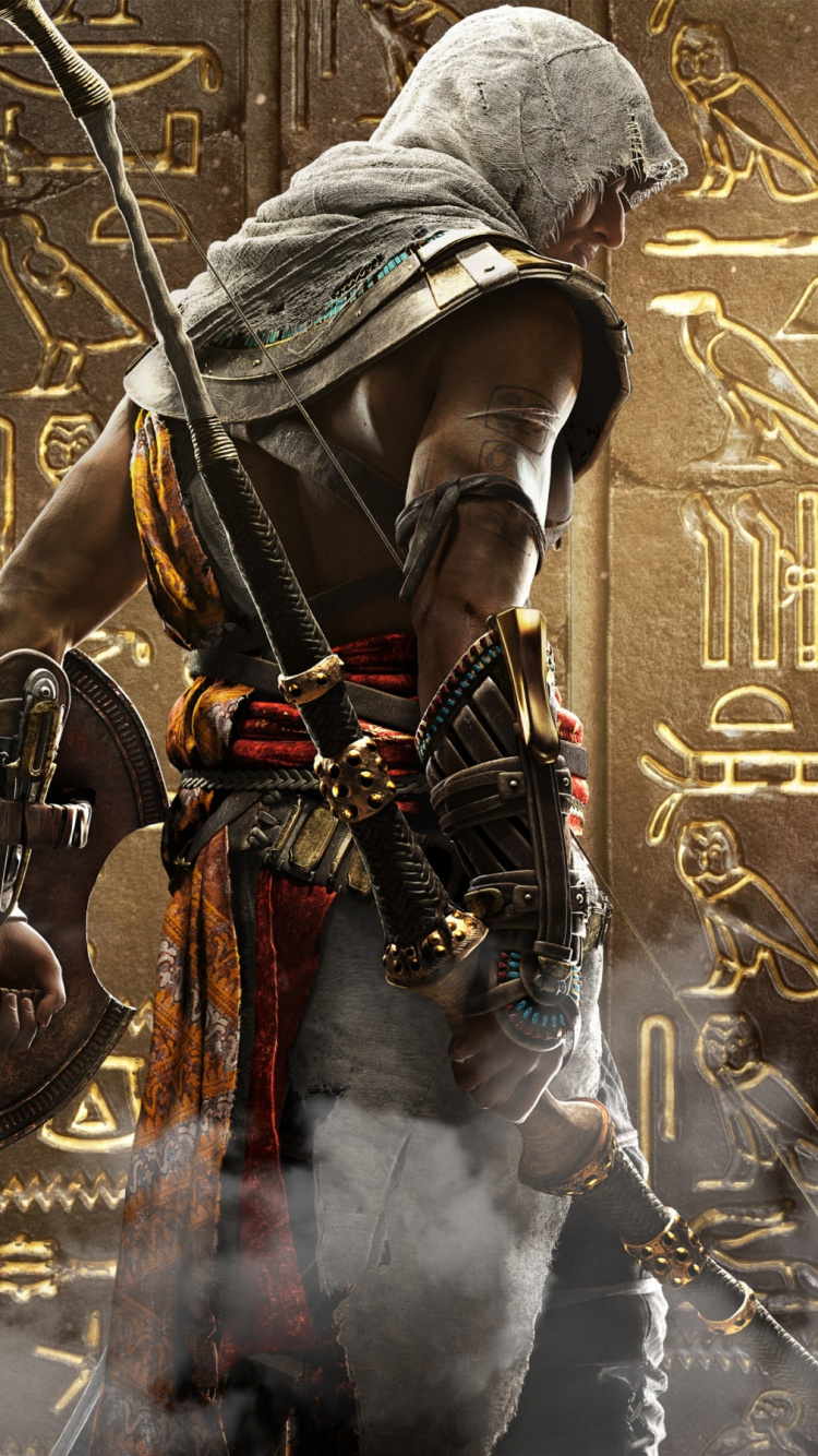Обои assassins creed origins, assassins creed valhalla, ubisoft, Bayek, playstation 4 в разрешении 750x1334