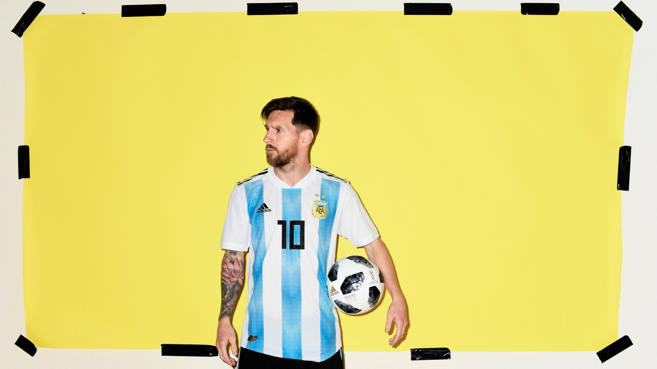 Обои Лионель Месси, ФК Барселона, ЧМ 2018, желтый, иллюстрация в разрешении 1280x720