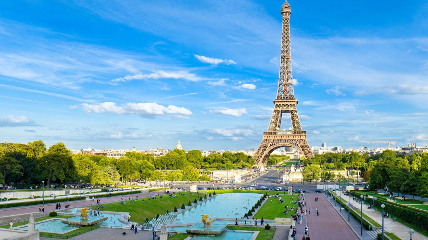 Обои Эйфелева башня, ориентир, вышка, туризм, достопримечательность в разрешении 1366x768