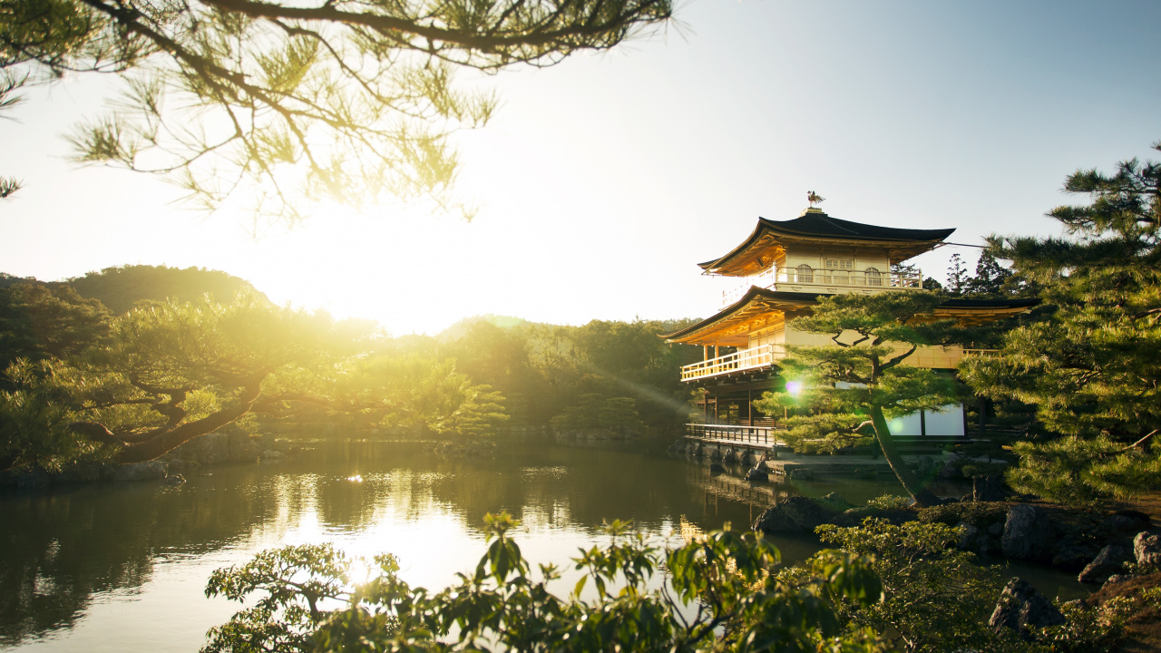 Обои храм, природа, отражение, утро, солнечный свет в разрешении 1280x720