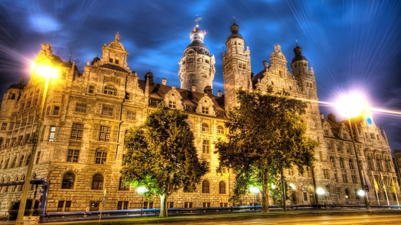 Обои Лейпциг, ориентир, ночь, город, городской район в разрешении 1280x720