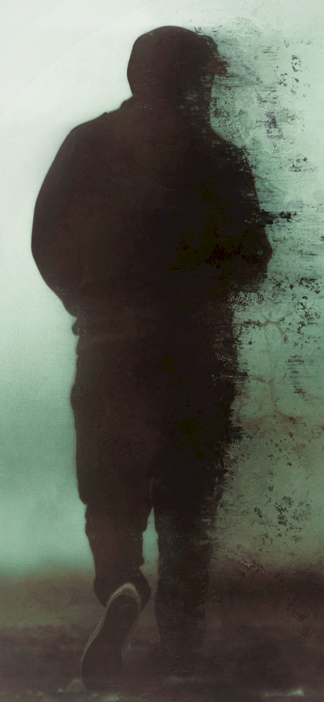 Обои силуэт, стояние, вода, туман, человек в разрешении 1125x2436