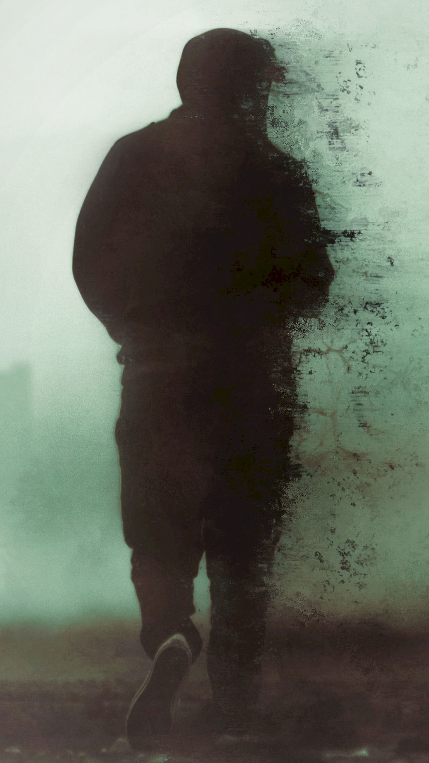 Обои силуэт, стояние, вода, туман, человек в разрешении 1440x2560