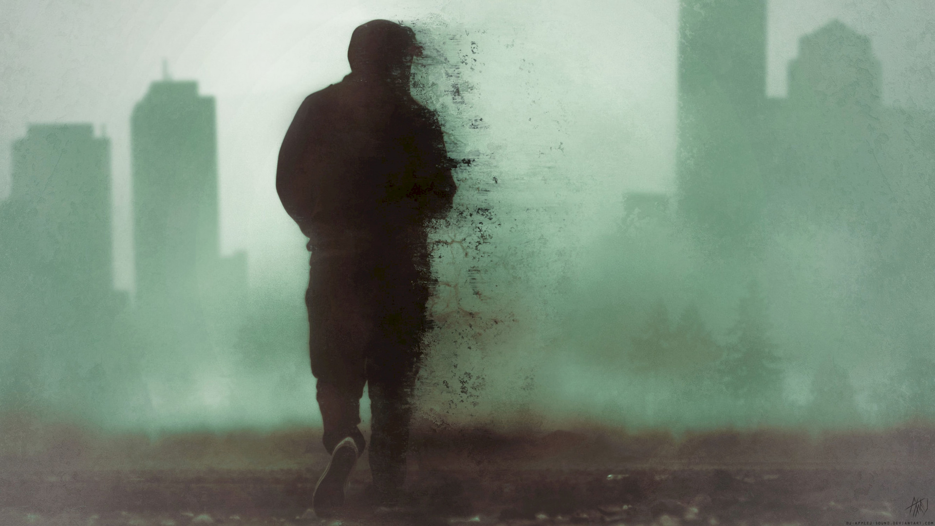Обои силуэт, стояние, вода, туман, человек в разрешении 1920x1080