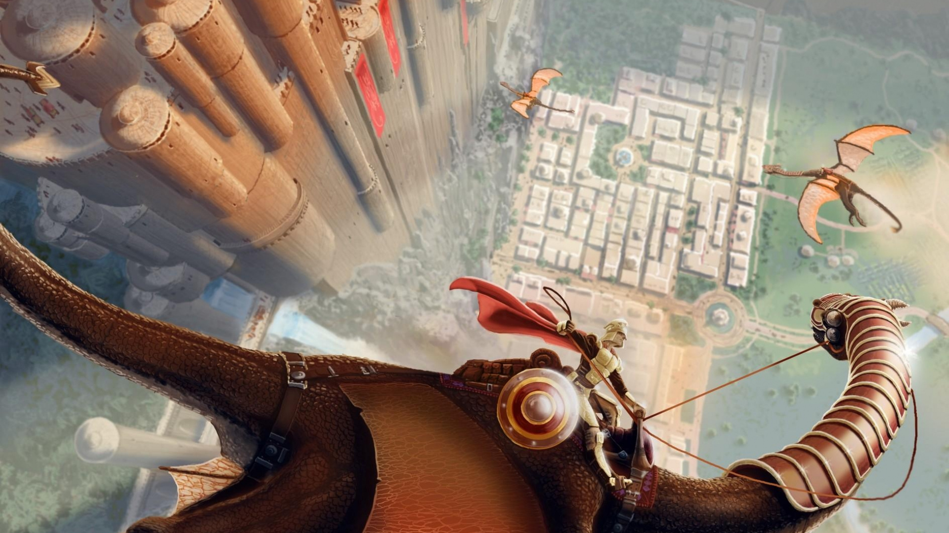 Обои дракон, воин, cg работы, небо в разрешении 1920x1080