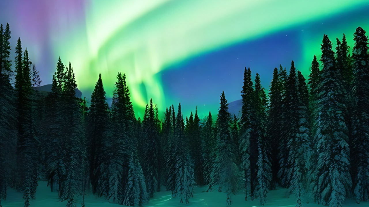 Обои лиственница, гора, вода, атмосфера, растение в разрешении 1280x720