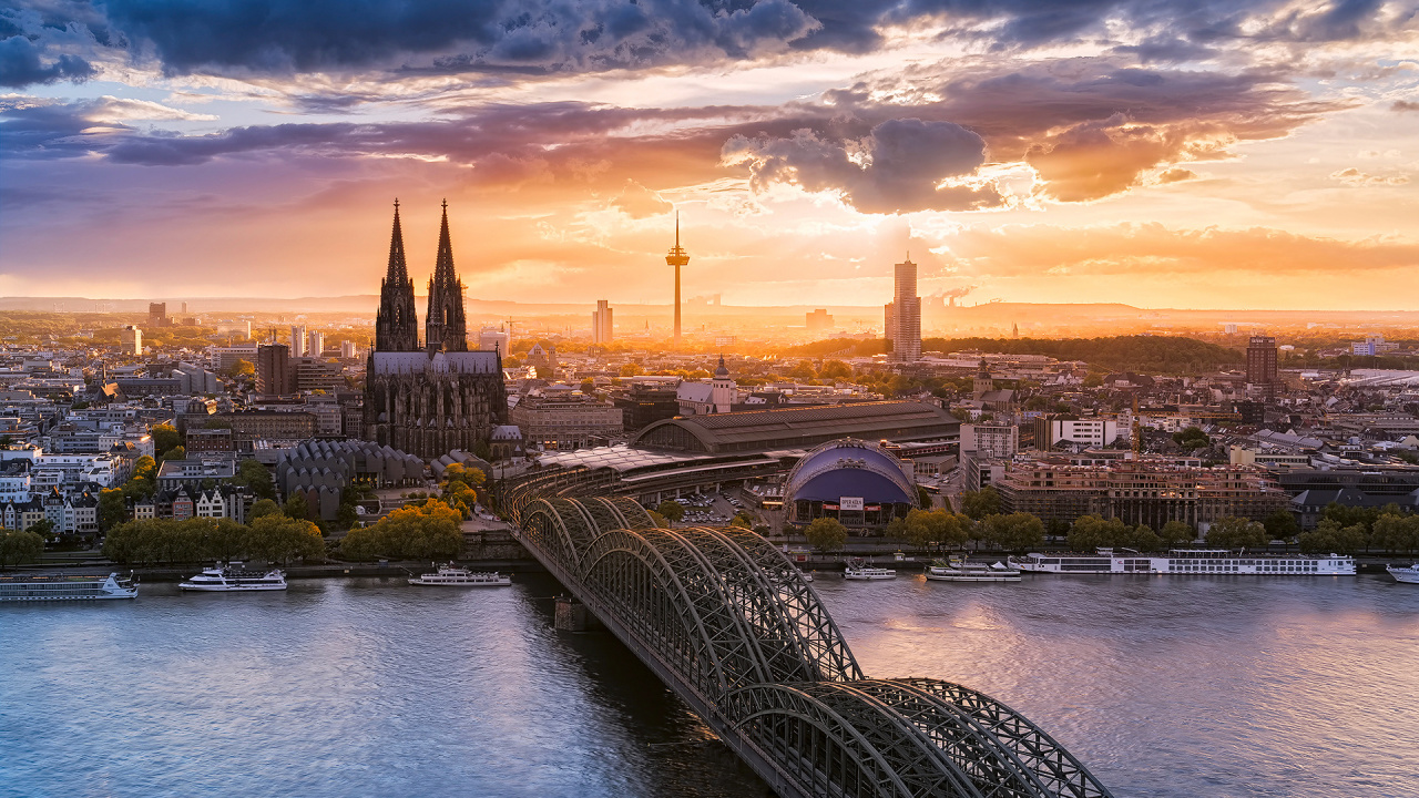 Обои Кельнский Собор, городской пейзаж, ориентир, город, линия горизонта в разрешении 1280x720
