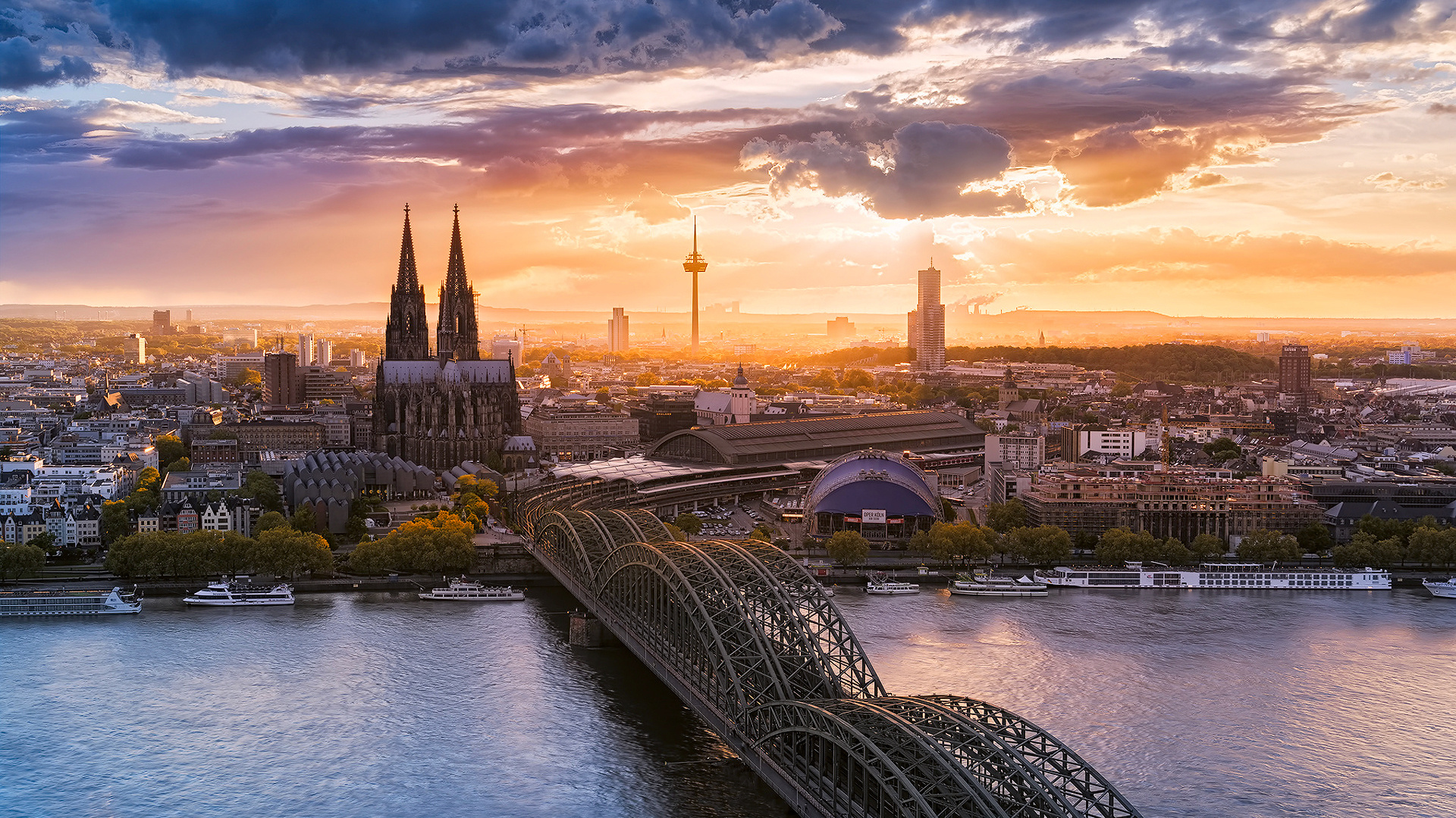 Обои Кельнский Собор, городской пейзаж, ориентир, город, линия горизонта в разрешении 1920x1080