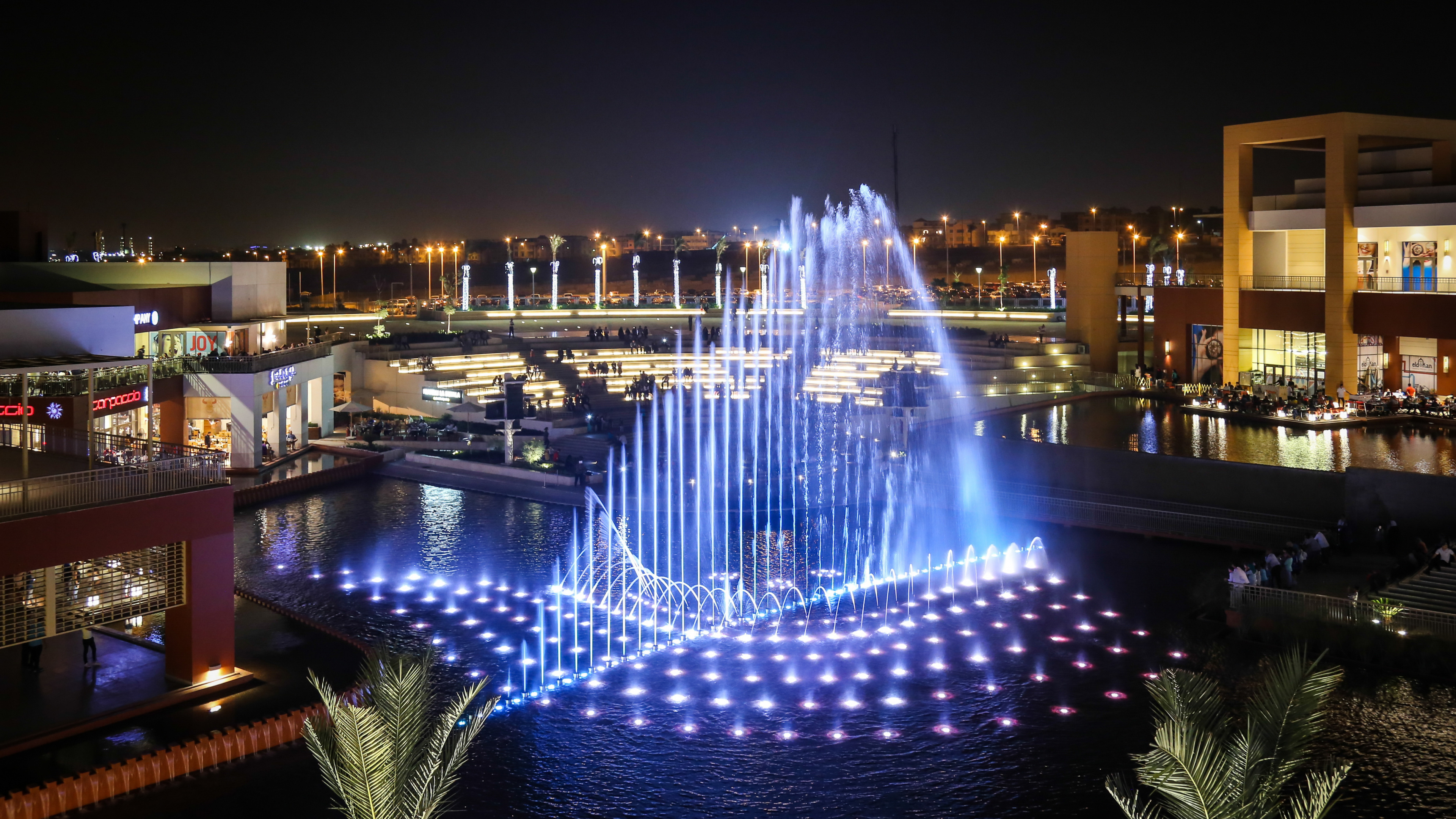 Обои Каир Фестиваль Сити Молл, фонтан, вода, ночь, водные элементы в разрешении 3840x2160