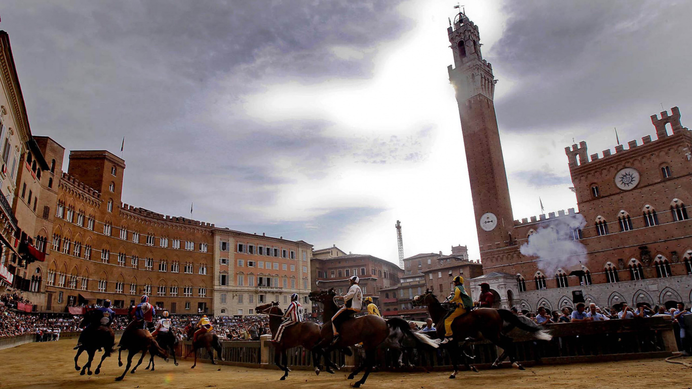 Обои Палаццо Пубблико, конь, Палио ди Сиена, городская площадь, город в разрешении 1366x768