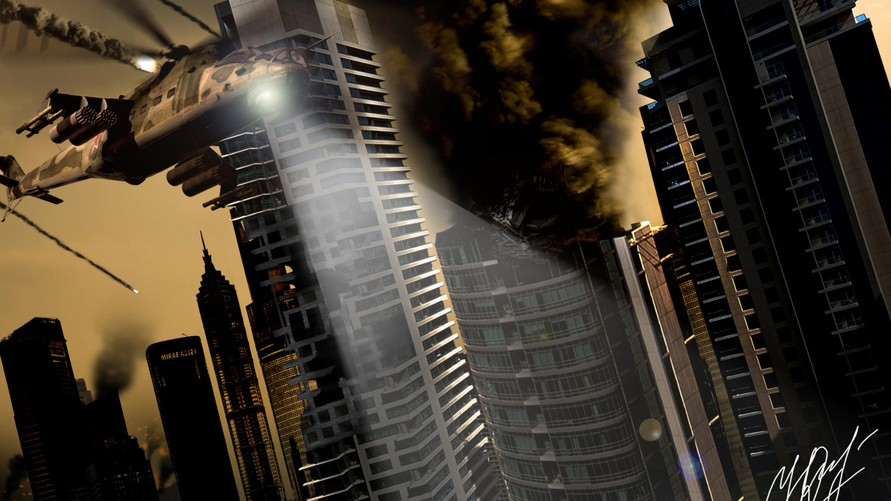 Обои военный вертолет, небоскреб, архитектура, городской район, город в разрешении 1280x720