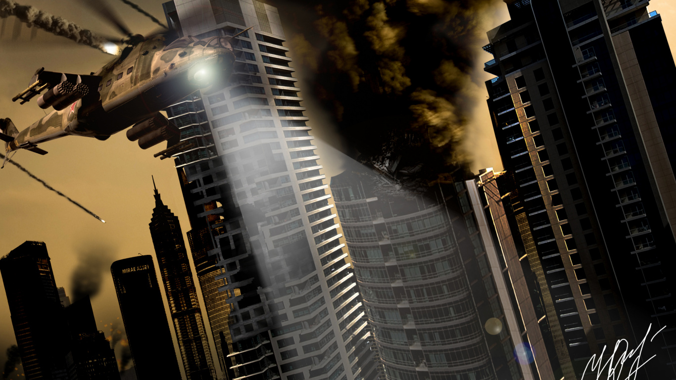 Обои военный вертолет, небоскреб, архитектура, городской район, город в разрешении 1366x768