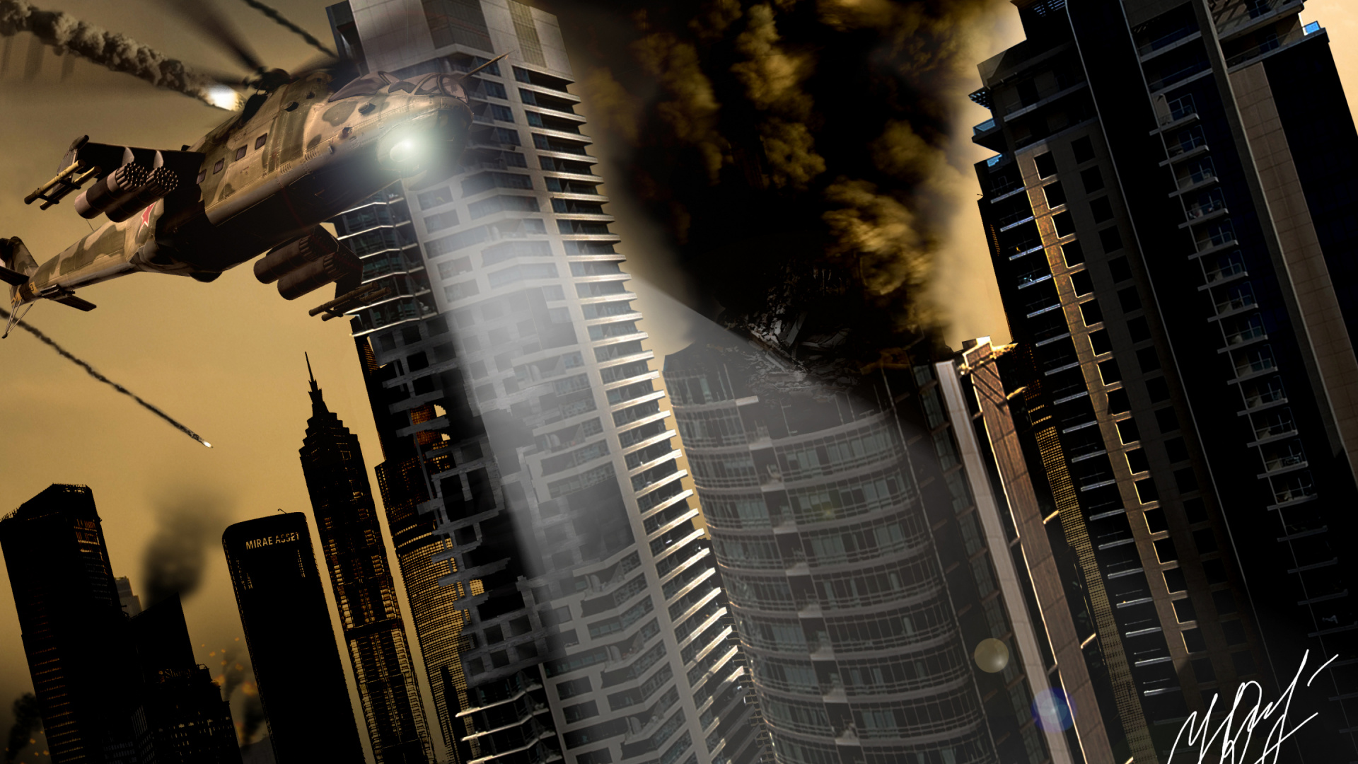 Обои военный вертолет, небоскреб, архитектура, городской район, город в разрешении 1920x1080