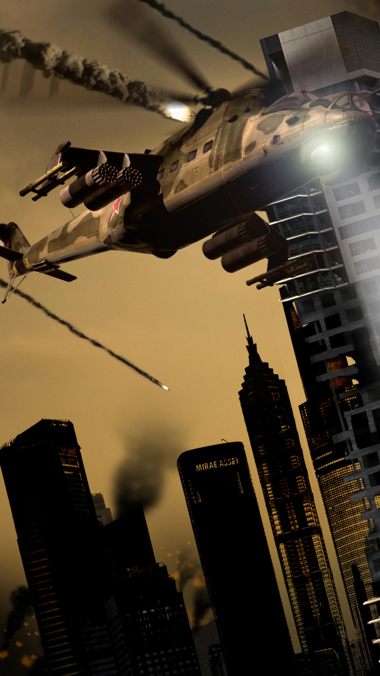 Обои военный вертолет, небоскреб, архитектура, городской район, город в разрешении 750x1334