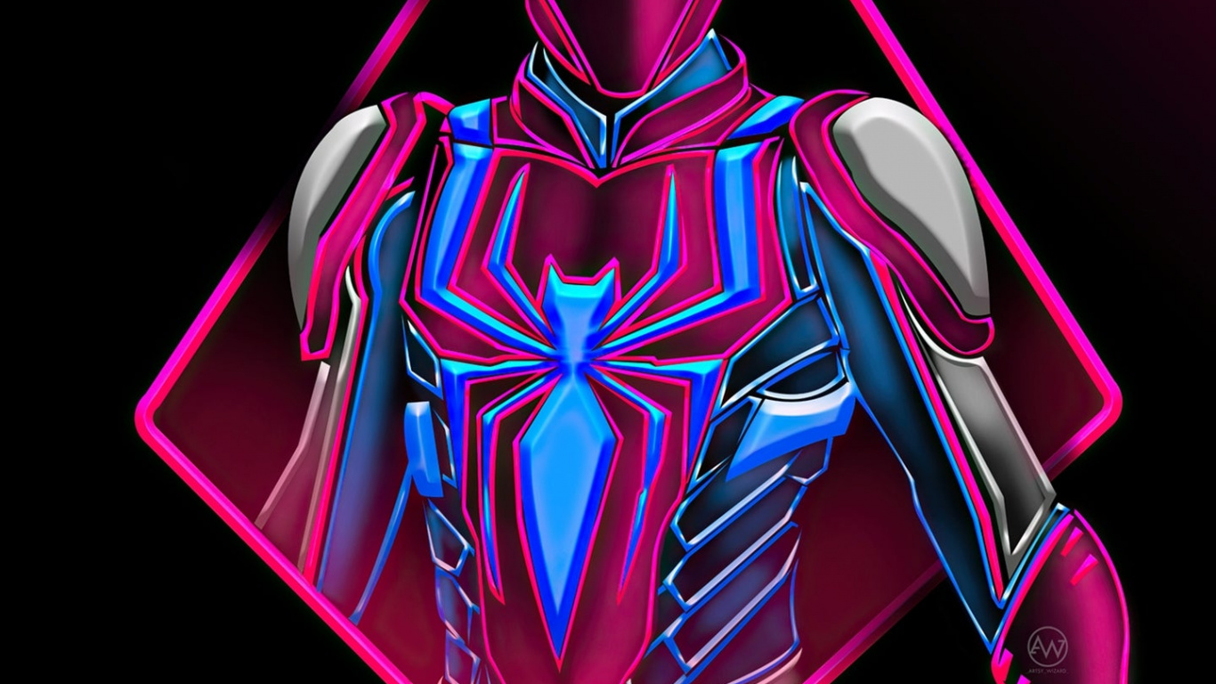 Обои человек паук неон, человек-паук, супергерой, веном, арт в разрешении 1366x768