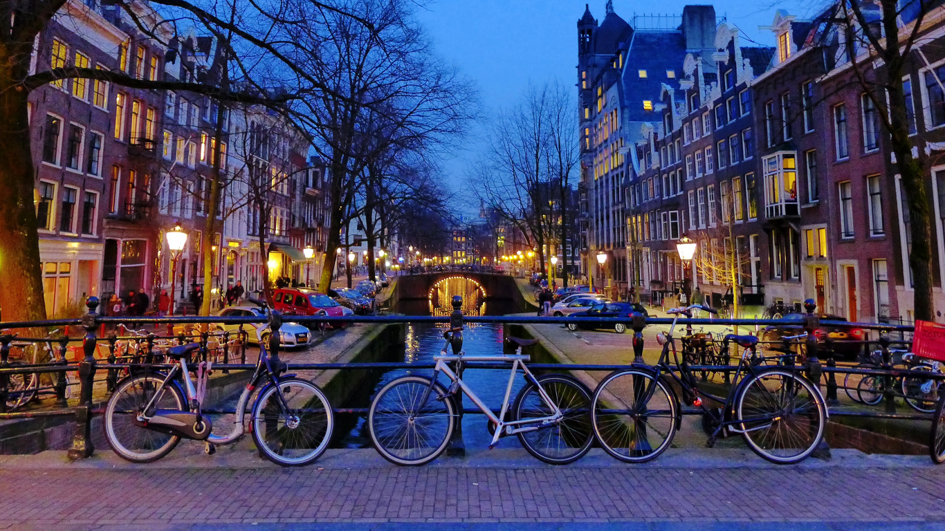 Обои водный путь, канал, велосипед, городок, дерево в разрешении 1366x768