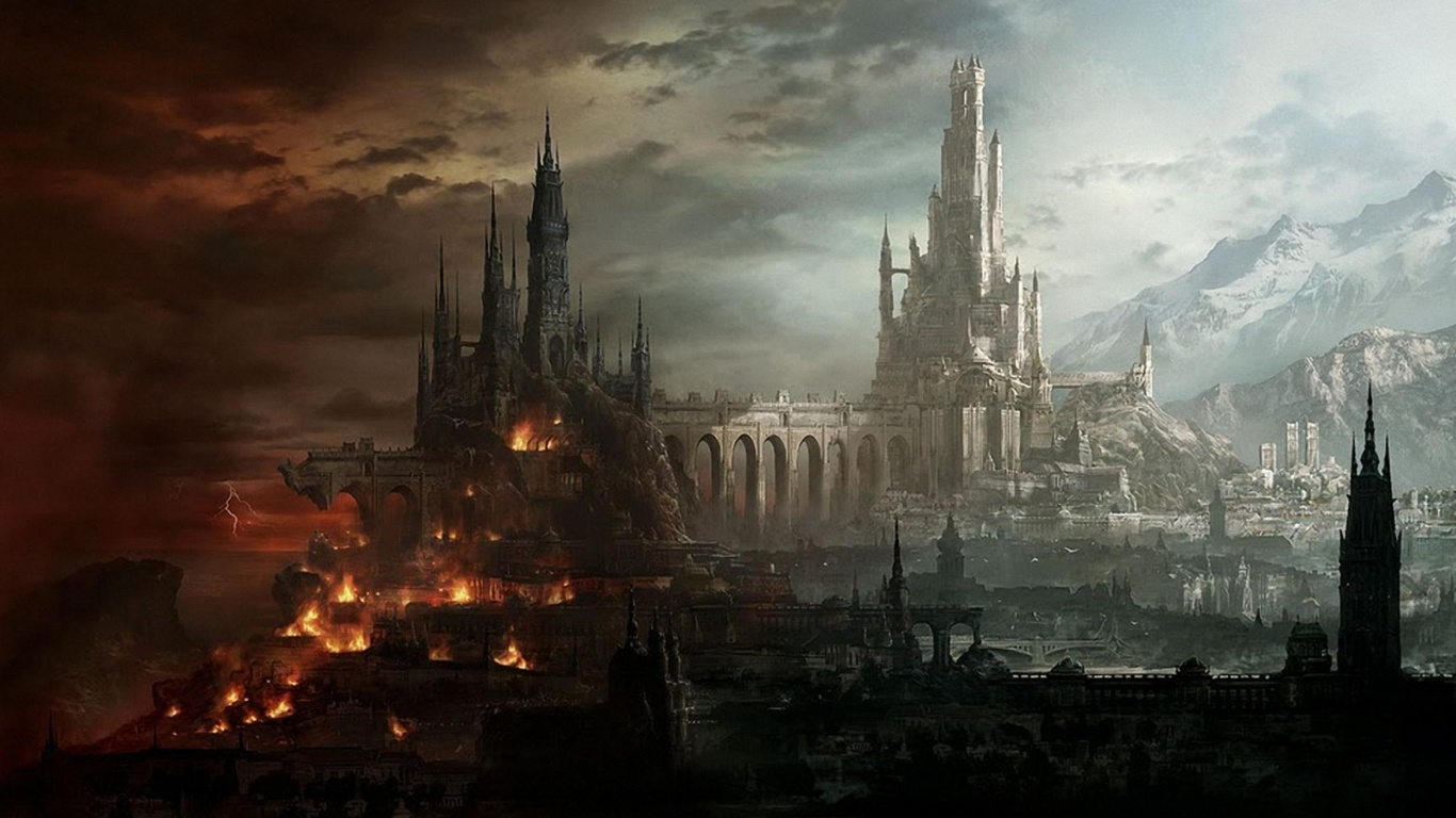 Обои фэнтези, арт, фантастическое искусство, метрополия, иллюстрация в разрешении 1366x768