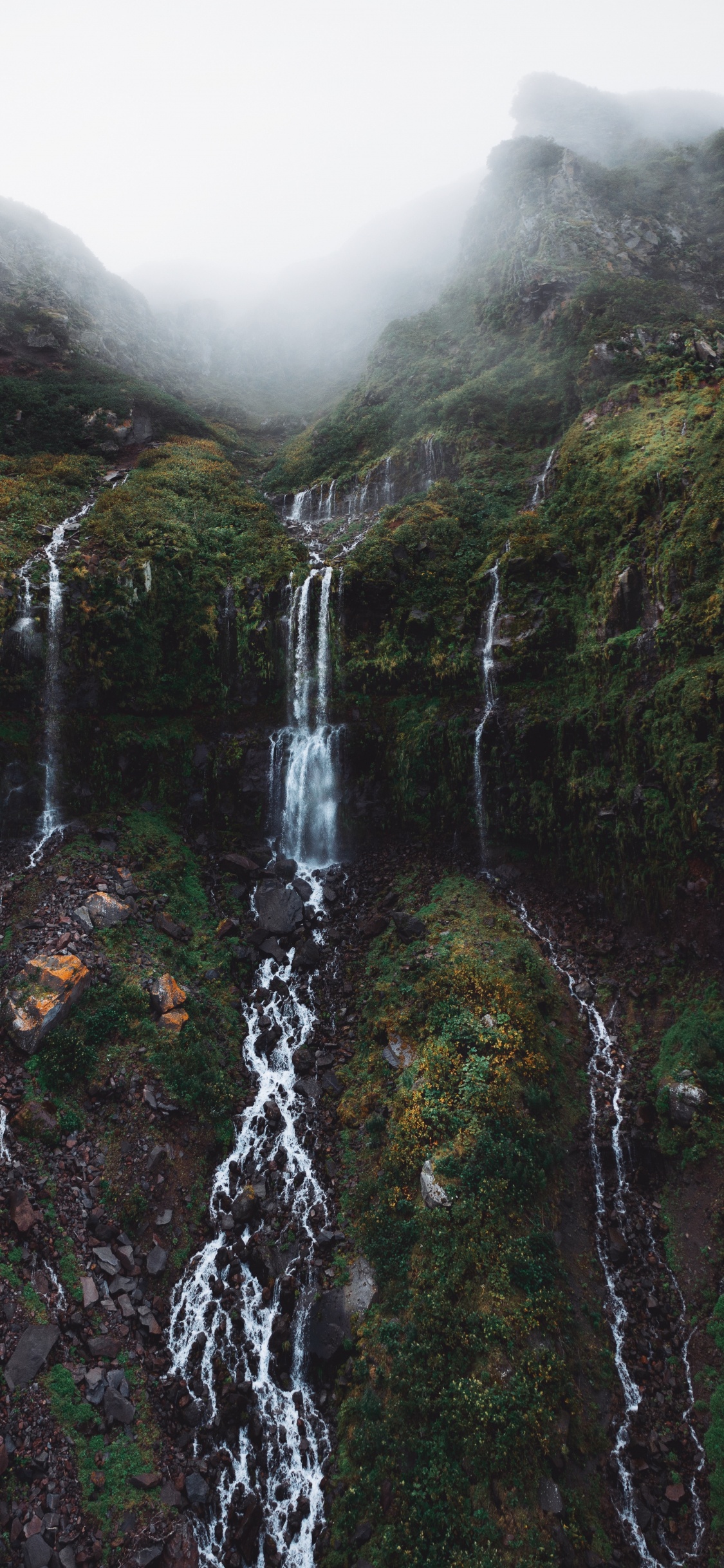 Обои водопад, вода, гора, гидроресурсы, растение в разрешении 1125x2436