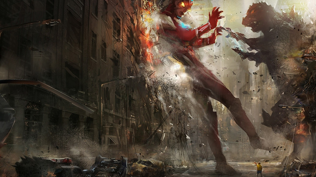 Обои Годзилла, Гамера, Ультрамен, Мехагодзилла, арт в разрешении 1280x720