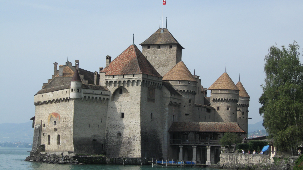 Обои chteau де Шильон, Монтре, замок, водный замок, фортификация в разрешении 1280x720