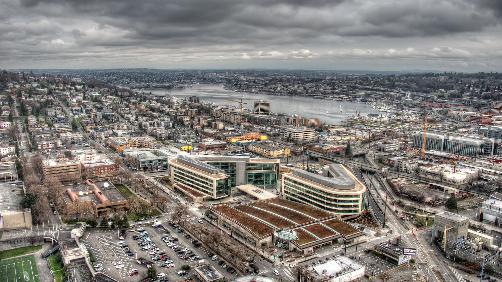 Обои Сиэтл, городской район, город, городской пейзаж, вид с высоты птичьего полета в разрешении 1920x1080
