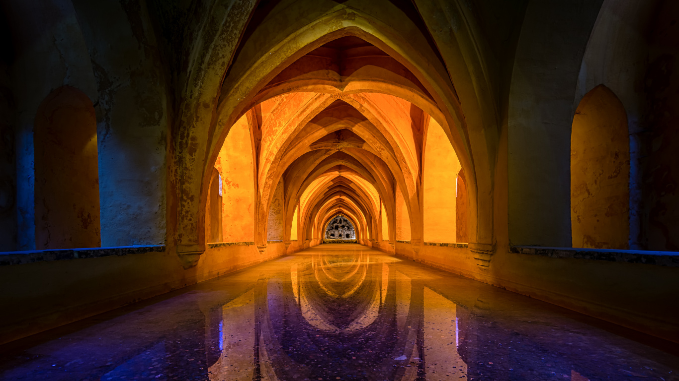 Обои арка, архитектура, симметрия, здание, аркада в разрешении 1366x768