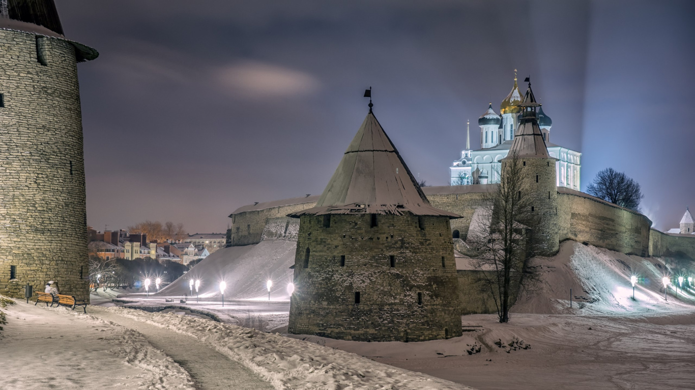 Обои город, зима, городок, вода, замок в разрешении 1366x768