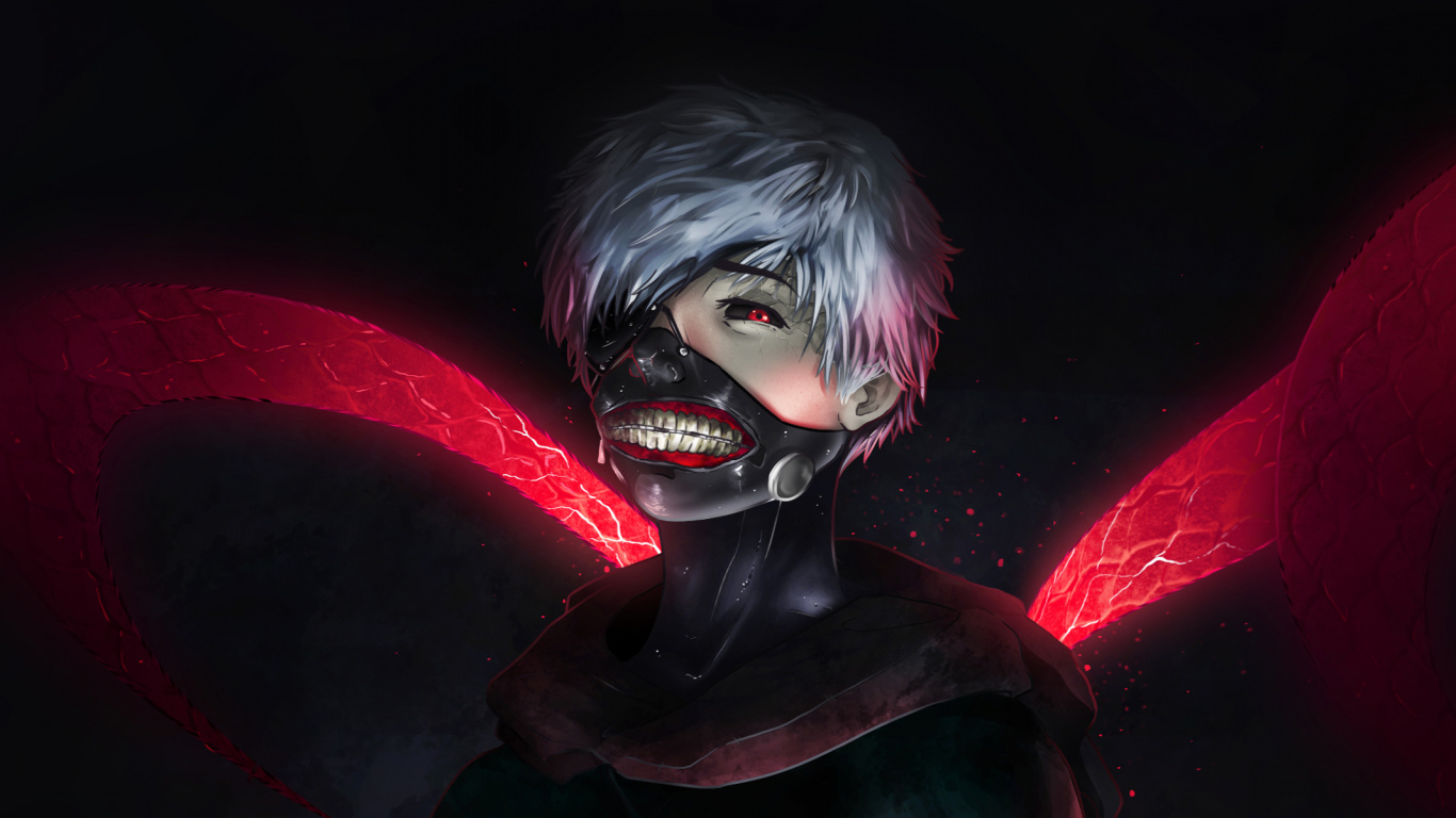 Обои Кен kaneki, Токио вурдалак, аниме, красный цвет, темнота в разрешении 1366x768