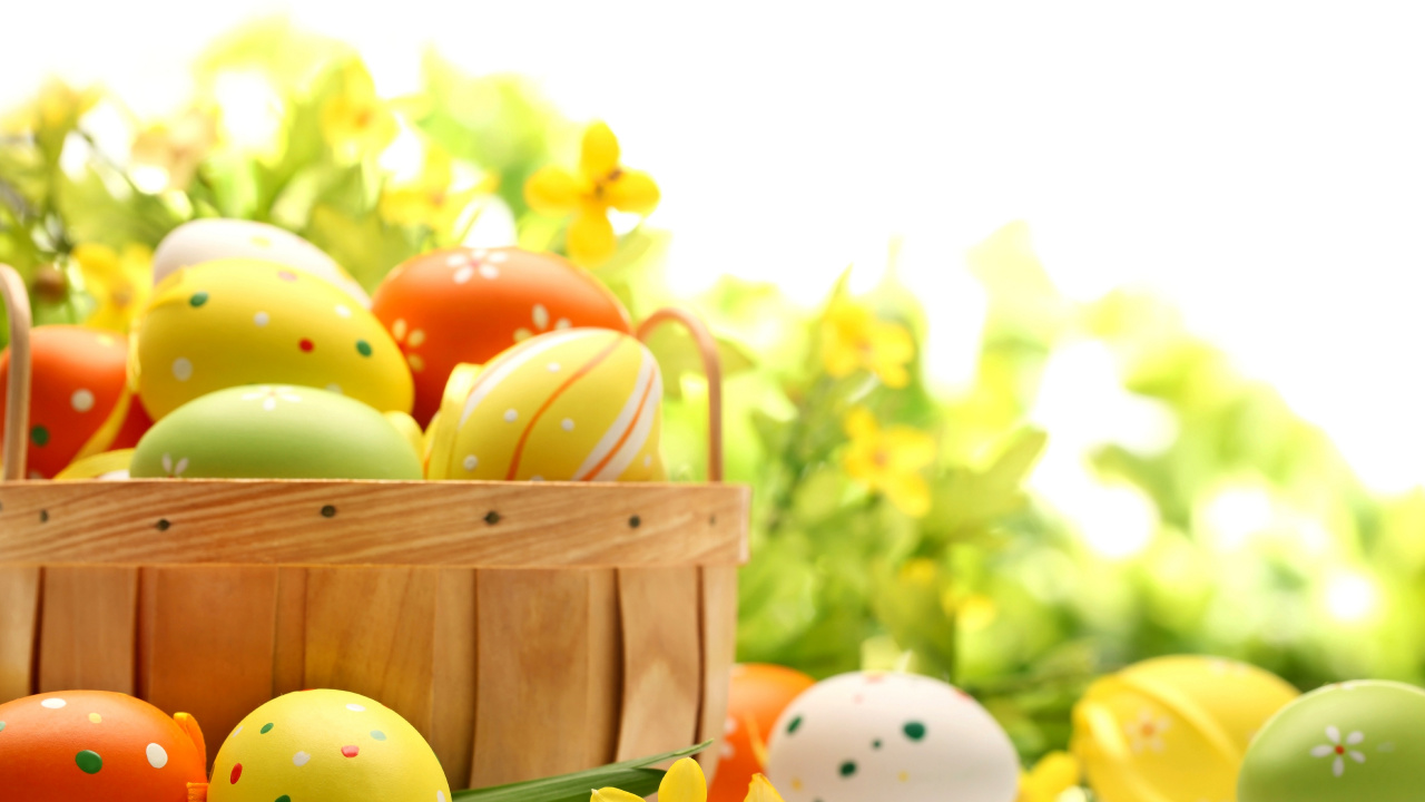 Обои пасхальный кролик, пасхальное яйцо, желтый, пища, пасха в разрешении 1280x720
