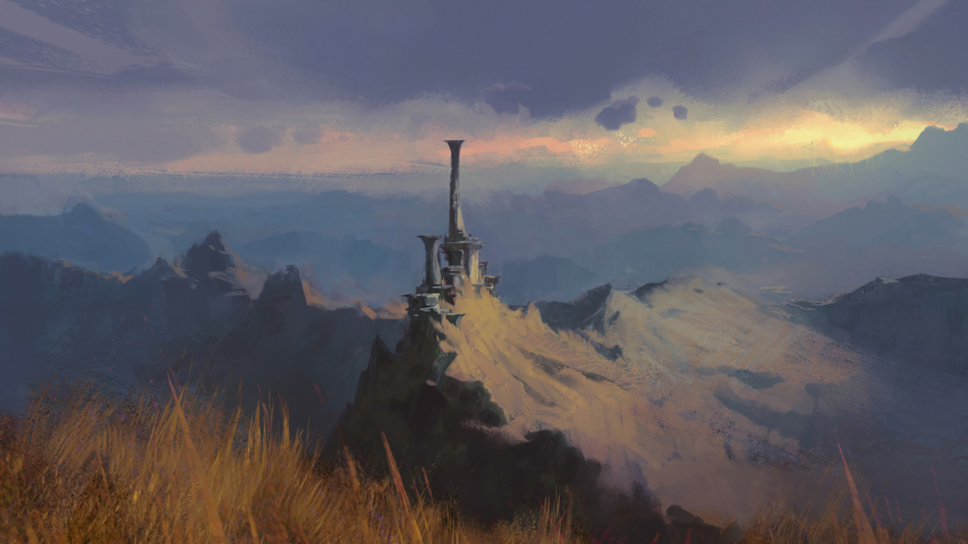 Обои арт, концепт арт, горный рельеф, гора, горный хребет в разрешении 1366x768