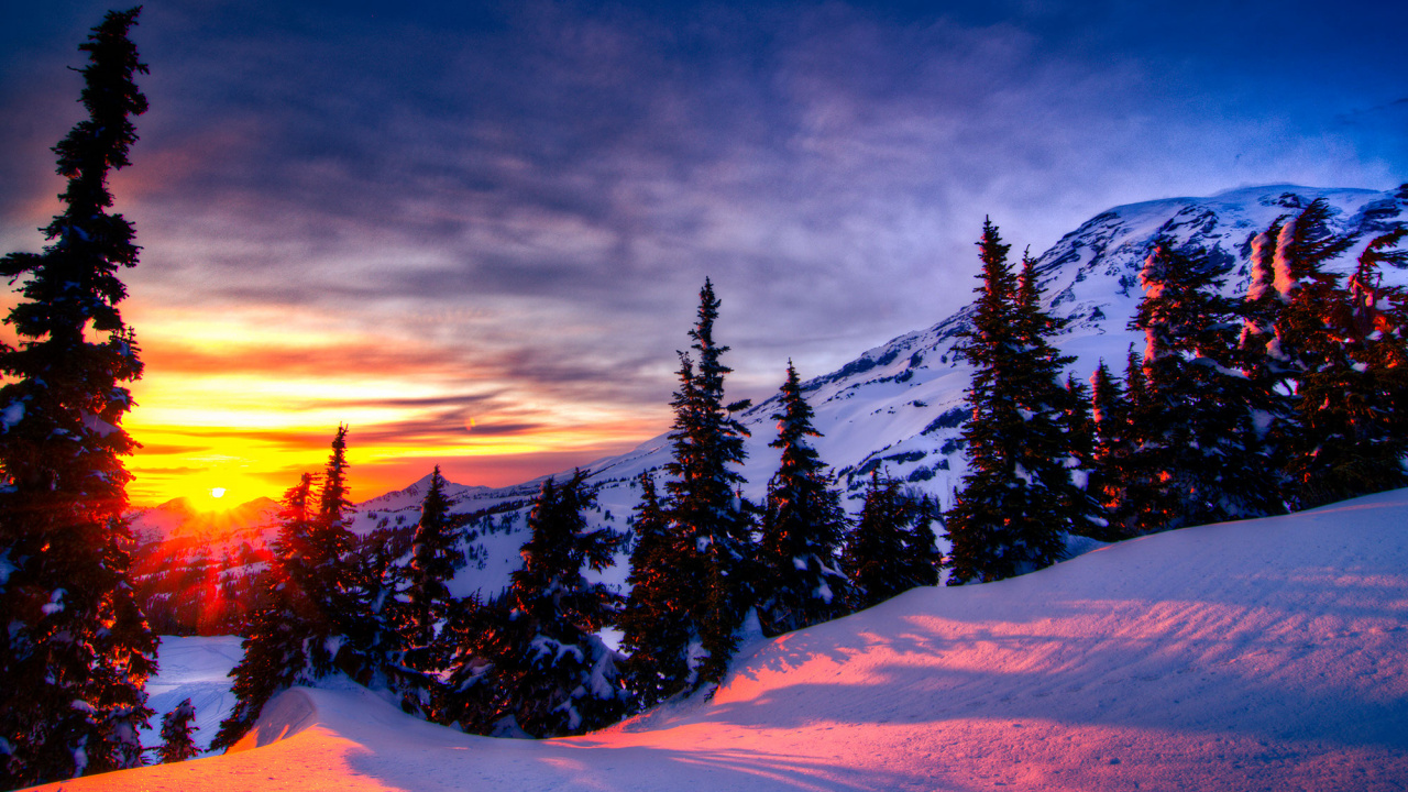 Обои закат, зима, гора, снег, природа в разрешении 1280x720