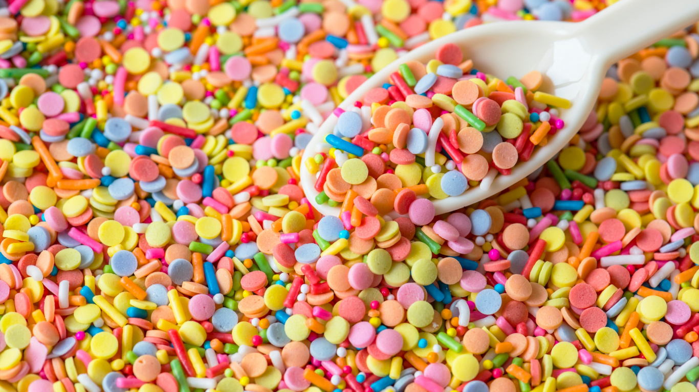 Обои красочные конфеты, леденец, конфета, брызгает, кондитерские изделия в разрешении 1366x768