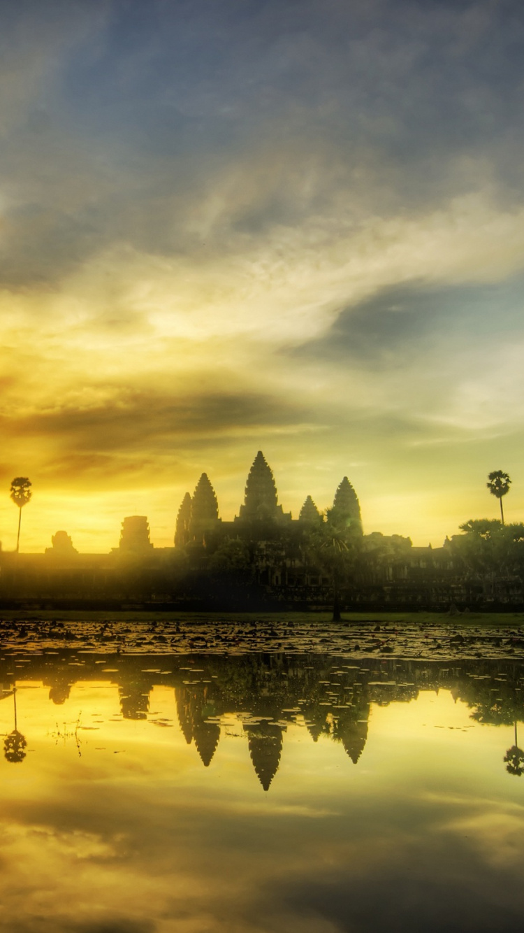 Обои Ангкор ВАТ, природа, отражение, вода, утро в разрешении 750x1334