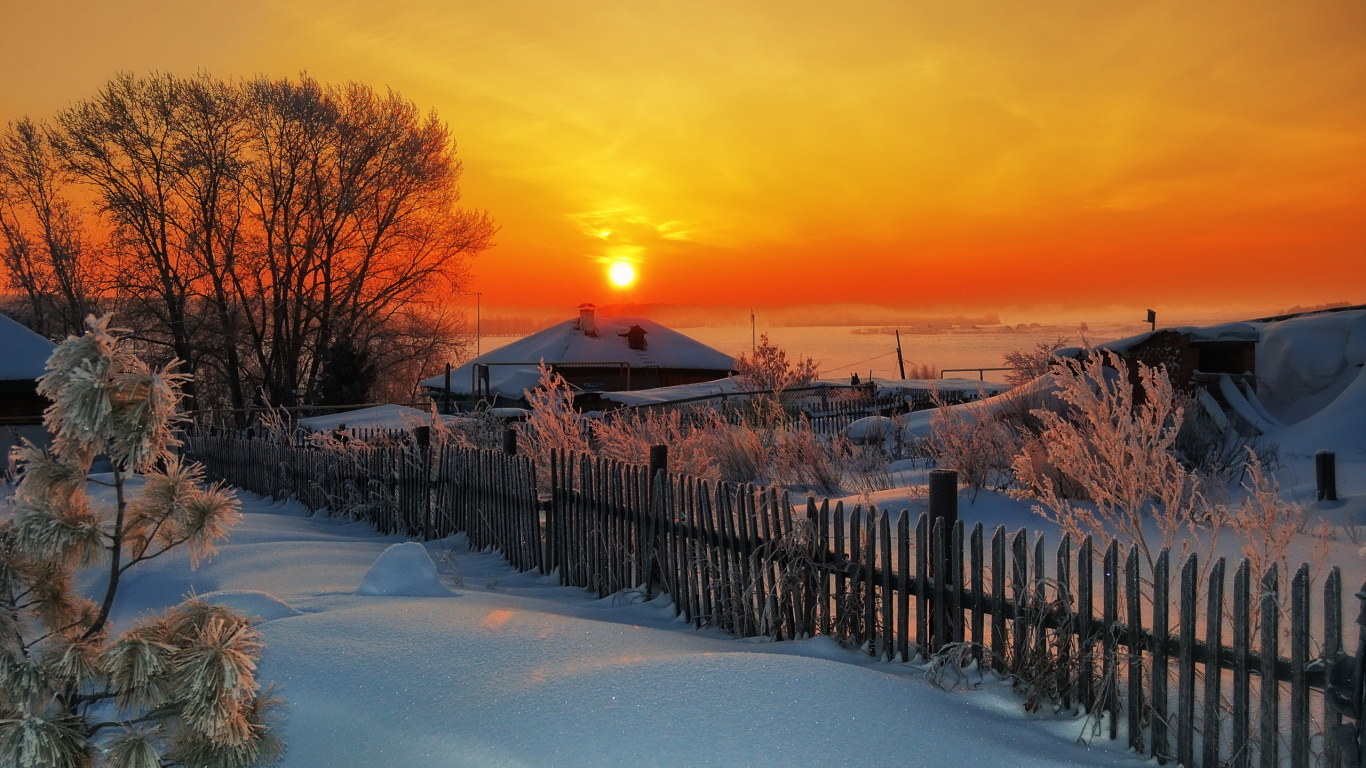 Обои закат, зима, снег, природа, восход солнца в разрешении 1366x768