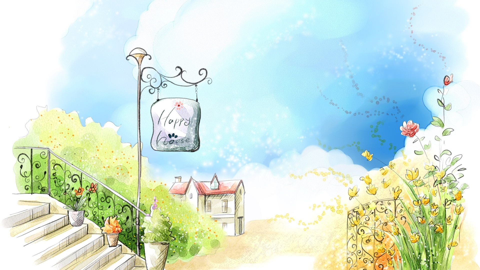 Обои иллюстрация, мультфильм, акварельные краски, дерево, облако в разрешении 1920x1080