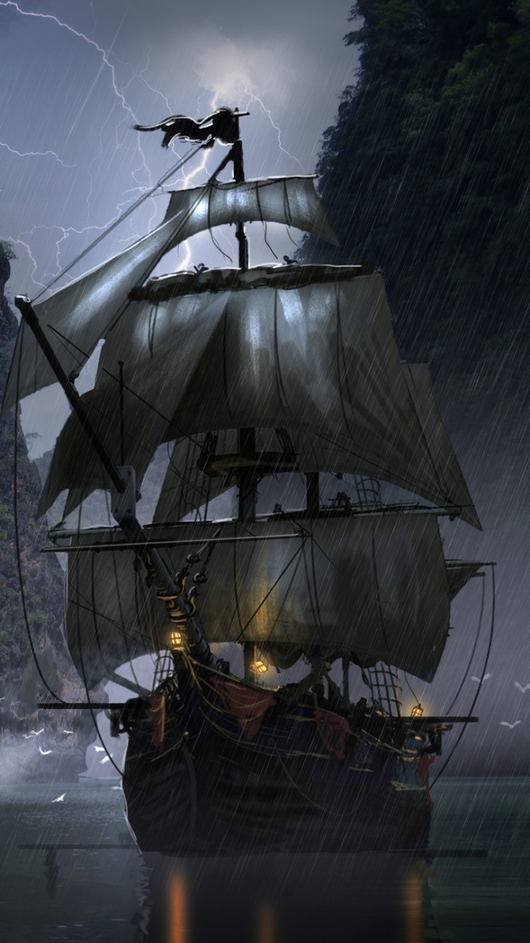 Обои корабль, вода, природа, водопад, водоток в разрешении 750x1334