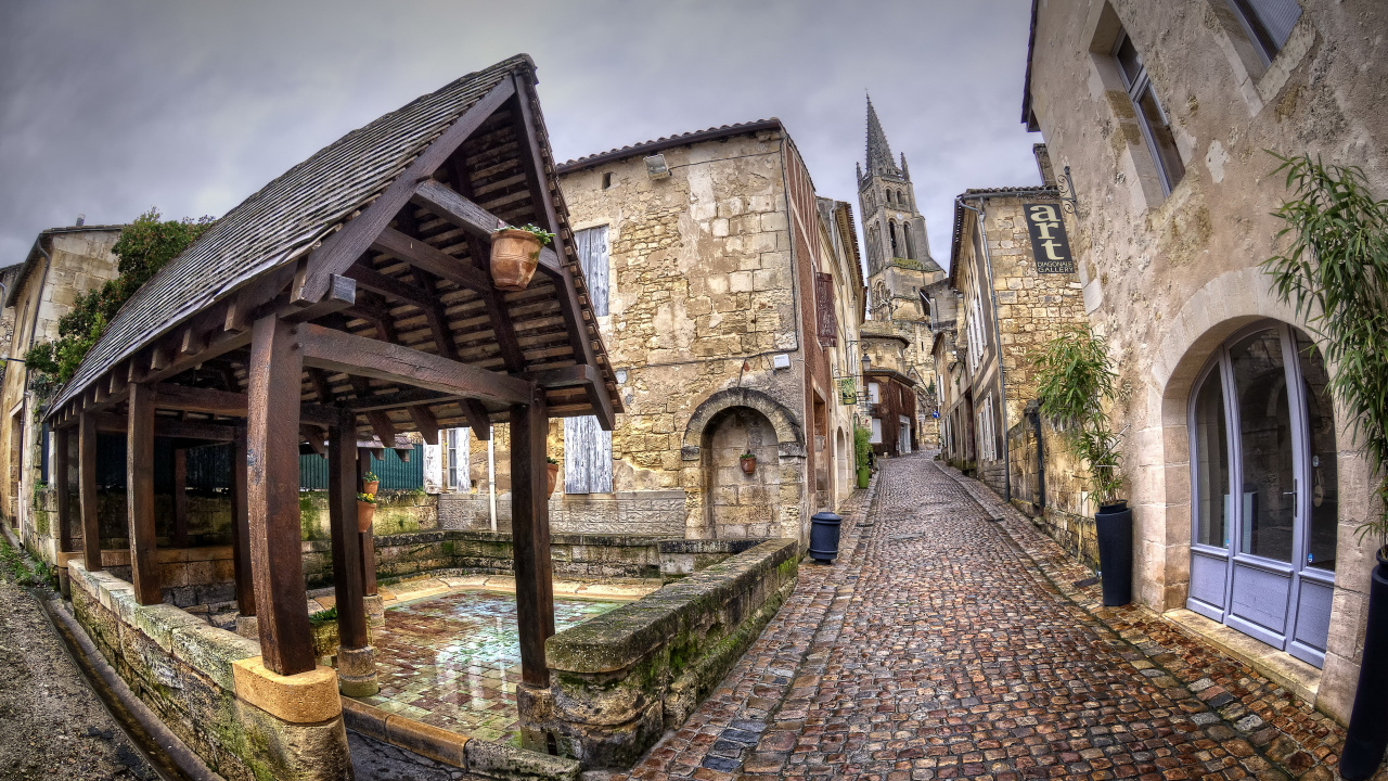 Обои объектив fisheye, здание, городок, улица, город в разрешении 1280x720